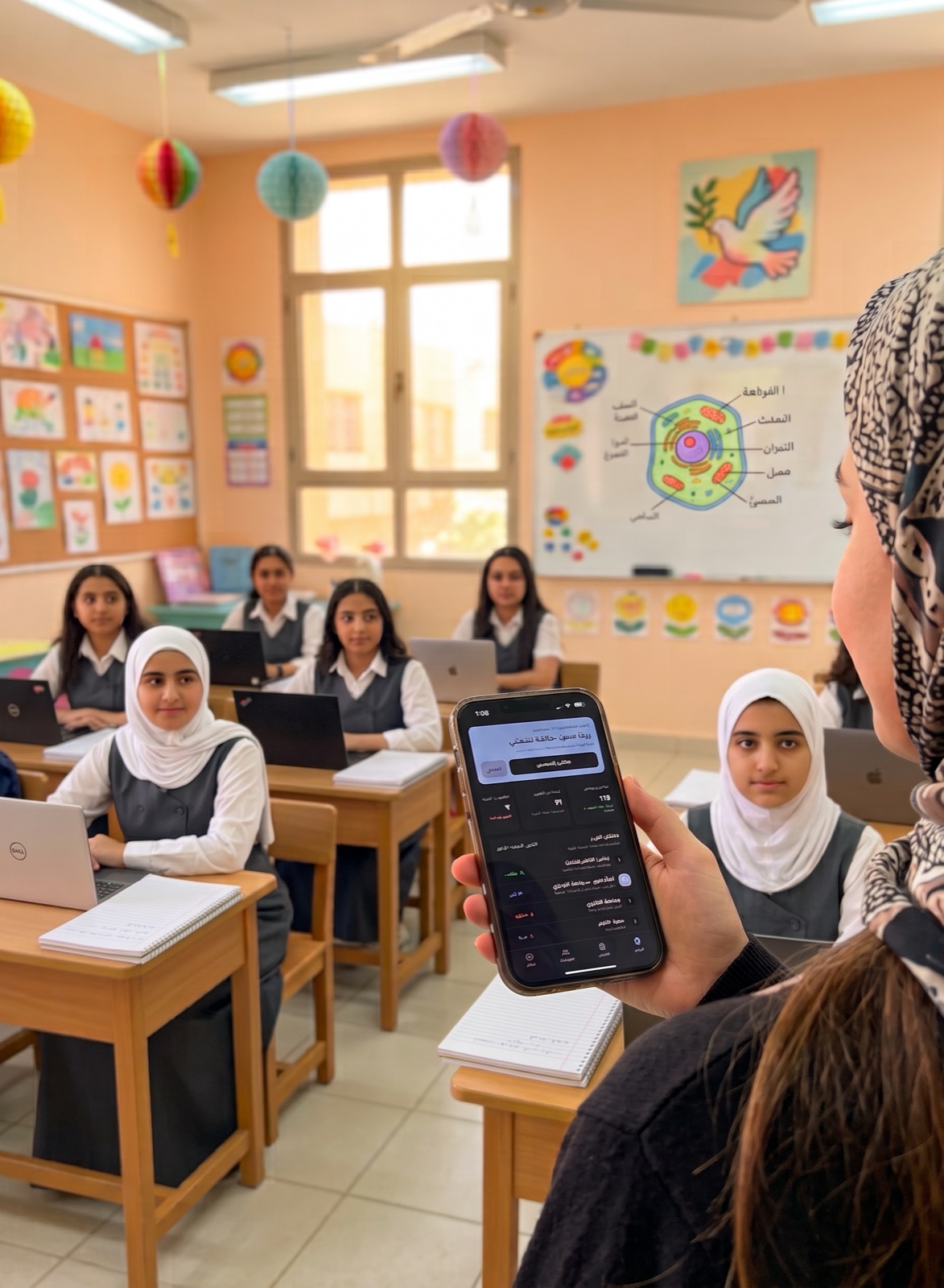معلّمة تستخدم لوحة قلم مع طالباتها في صف