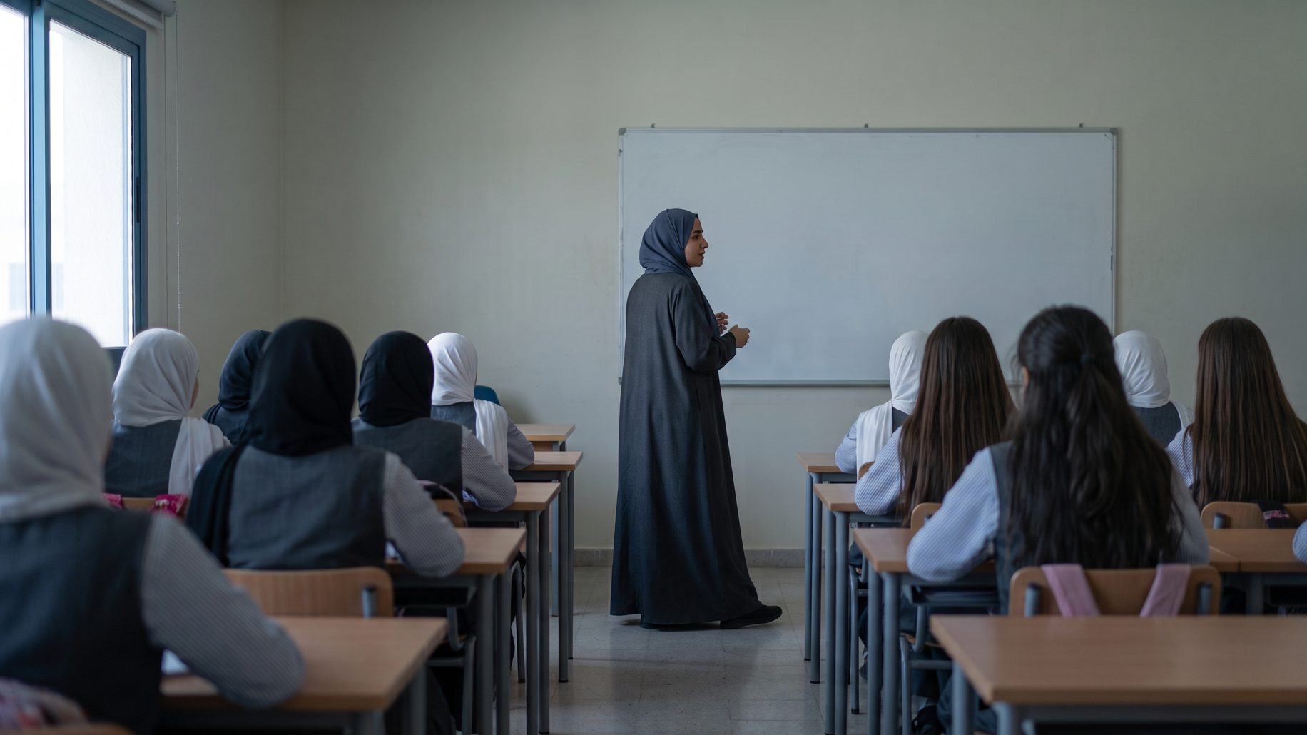 معلّمة تشرح أمام صفّها في مدرسة متوسطة، والطالبات من الخلف