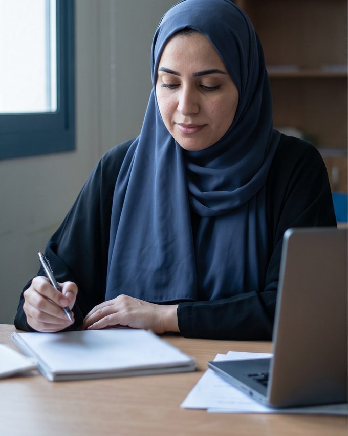معلّمة تكتب تحضيرها في دفترها على مكتبها في غرفة المعلّمات