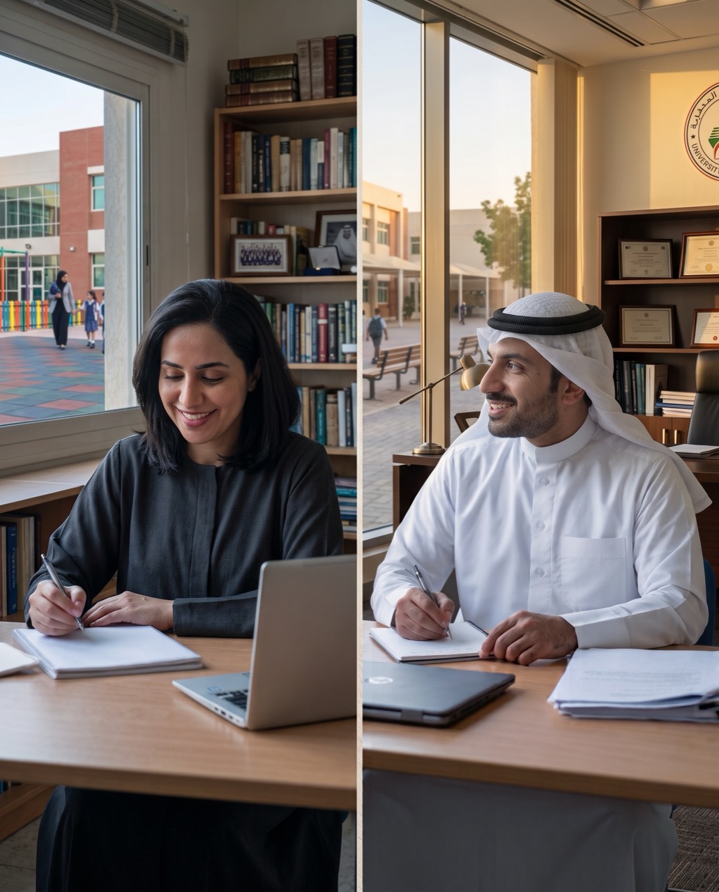 معلّمة ومعلّم يكتبان تحضيرهما في مدرستين كويتيتين