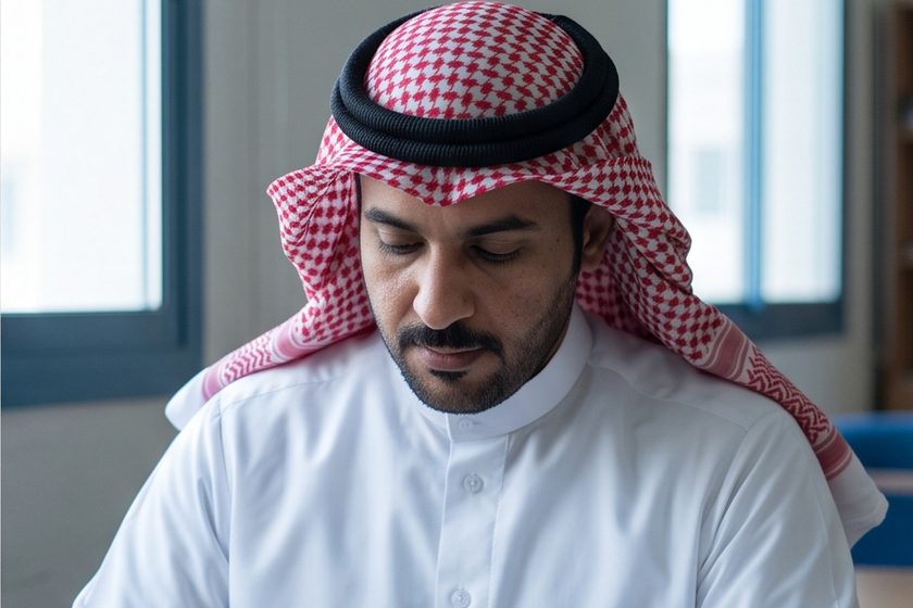معلّم يكتب تحضير وحدة في دفتره